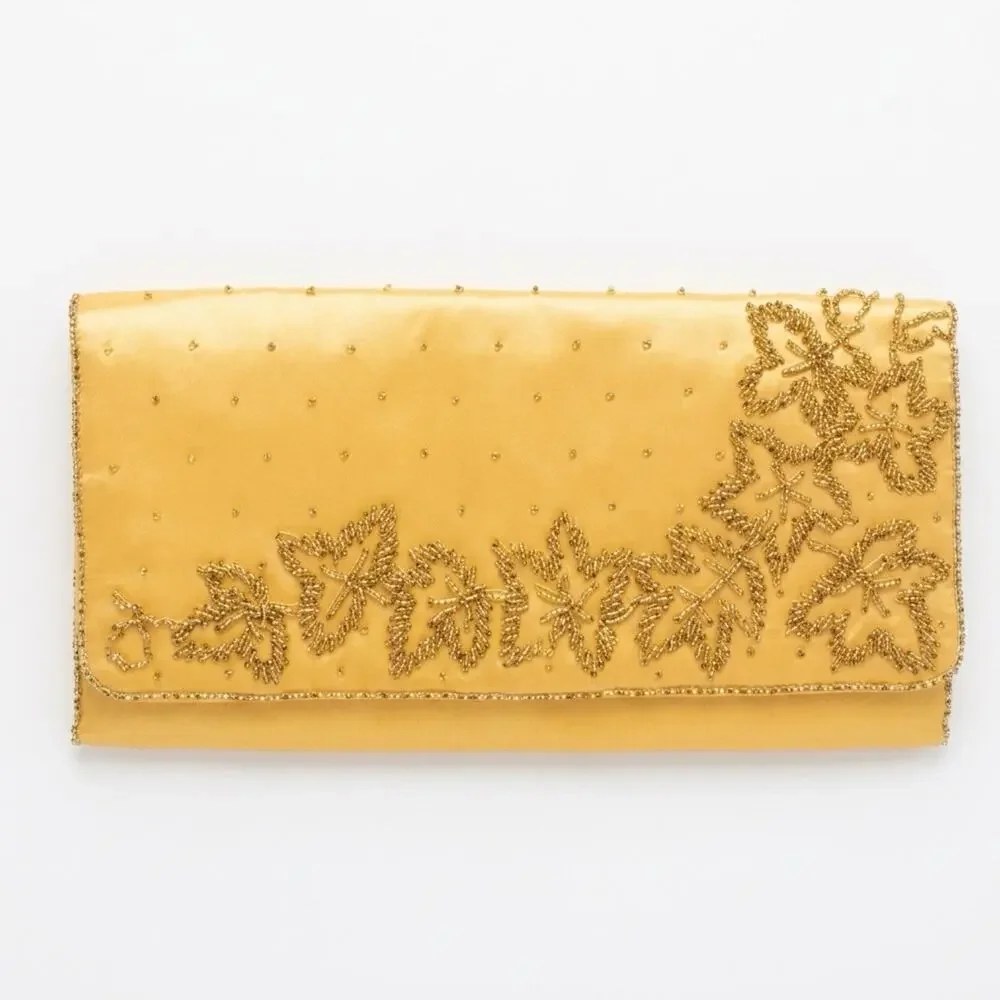 Vintage Japanese La Royal Product Long Wallet Silk Beaded Yellow Gold Asian Core